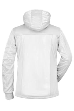 A white ladies' maritime jacket with a hood, featuring a sleek, modern design and a logo on the back.