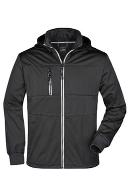A black men's maritime jacket with a hood, zippered front, and pockets, featuring a logo on the chest.
