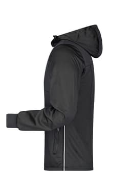 A black men's maritime jacket featuring a hood, zippered pockets, and elastic cuffs. It has a logo on the sleeve.