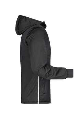 A men's maritime jacket in black, featuring a hood and full-length sleeves. It includes a logo on the design.