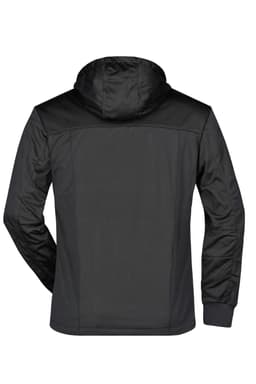 A black maritime jacket showcasing a sleek design with a hood and a logo on the back.