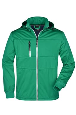 A green men's maritime jacket featuring a front zipper, hood, and chest pocket. It has a logo on one side.
