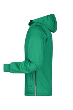 A green men's maritime jacket with a hood and side zip pockets, featuring a logo on the sleeve.