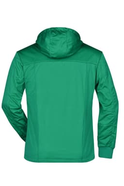 A green men's maritime jacket with a hood, featuring a simple design and a logo on the back.
