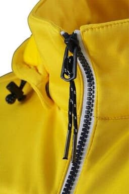 A yellow maritime jacket featuring a zip closure and a high collar, with a black cord and toggle.