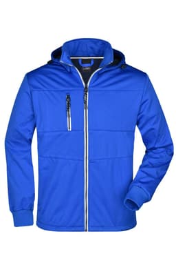 A blue men's maritime jacket with a hood, featuring zippered pockets and a sleek design. It has branding on it.
