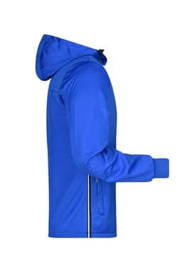 A blue men's maritime jacket featuring a hood and zippered pockets, with a logo on the front.