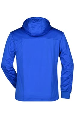 A blue men's maritime jacket with a hood, featuring a simple design and logo on the back.