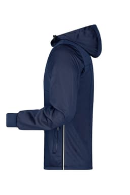 A navy men's maritime jacket featuring a hood and zippered pocket, crafted for inclement weather.