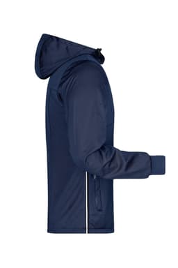 A navy blue men's maritime jacket featuring a hood, zip pockets, and a logo.