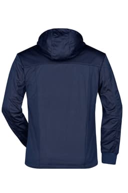 A navy blue men's maritime rain jacket featuring a hood and long sleeves, with a simple design and a logo.
