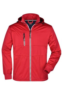 A red men's maritime jacket featuring a zip front, hood, and a zippered chest pocket. It has a logo on the front.