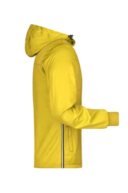 A yellow rain jacket with a hood and side stripes, featuring a logo on the chest.