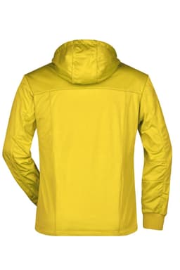 A yellow rain jacket featuring a hood and smooth back design, complete with a logo.