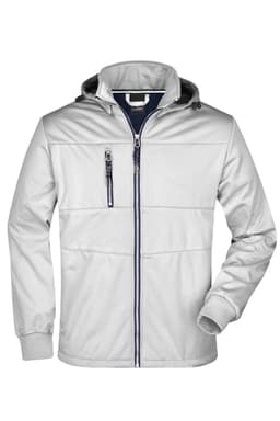 A men's rain jacket in grey with a hood and zippered pockets, featuring a logo on the chest.
