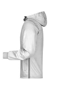A white men's maritime jacket featuring a hood, zip pockets, and a logo. Suitable as a rain jacket.