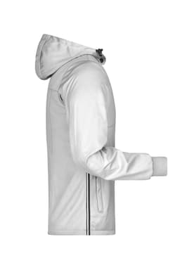 A white men's rain jacket with a hood, featuring a logo and contrasting stripes on the side.