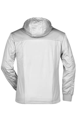 A men's rain jacket in grey with a hood, featuring a logo on the back.