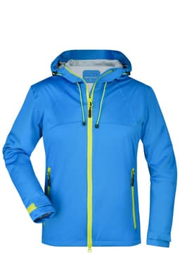 A bright blue ladies' outdoor jacket featuring a hood and contrast yellow zippers and detailing. It has a logo on the front.