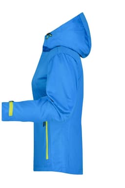 A women's rain jacket in blue with green accents and a hood, featuring zippered pockets.