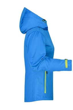 A blue ladies outdoor jacket with a hood, featuring yellow accents and a zippered pocket on the side.