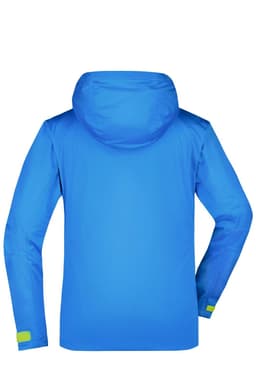 A blue ladies outdoor jacket with a hood, featuring a logo, shown from the back.