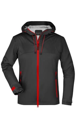 A black rain jacket with red accents, featuring a hood and multiple zippered pockets. The jacket has a branded logo.