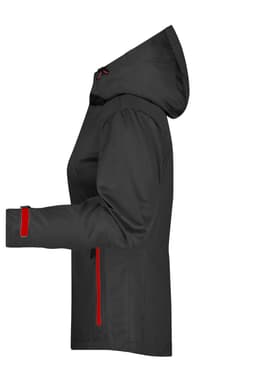 A black ladies outdoor jacket with a hood and red accents, featuring zipped pockets and long sleeves.