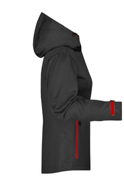 A ladies' outdoor jacket in black with red accents, featuring a hood and zippered pockets.