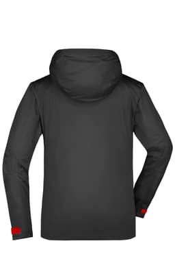 A black outdoor jacket with a hood, featuring red accents and a logo on the sleeve.