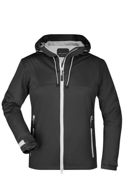 A black ladies outdoor jacket with a hood, featuring zippered pockets and reflective detailing.