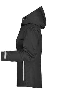 A black outdoor jacket with a hood, featuring reflective details and a fitted design. The jacket has a logo on it.