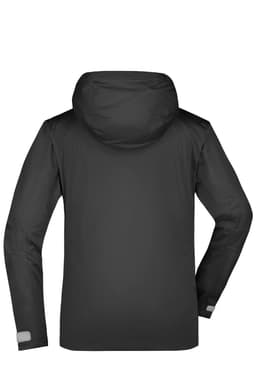 A black ladies outdoor jacket featuring a hood and a logo on the back. Designed as a rain jacket.