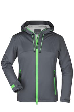 A grey ladies outdoor jacket with green accents and a hood, featuring zippered pockets and a logo.