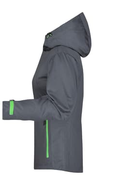 A grey ladies outdoor rain jacket featuring green accents and a hood, with side zippers and adjustable cuffs.