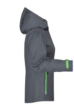A grey ladies outdoor jacket featuring green accents and a hood, designed for rain protection.