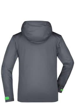 A grey rain jacket with a hood, featuring long sleeves and reflective accents. Includes a logo on the back.