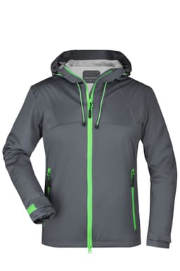 A grey ladies outdoor rain jacket with green zippers and accents, featuring a hood and zippered pockets.