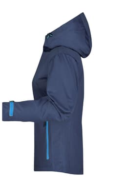 A ladies outdoor jacket in navy blue, featuring a hood and contrasting aqua accents. It has a logo on the sleeve.