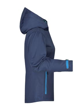 A navy ladies outdoor jacket with a hood and blue accents, featuring zippered pockets and long sleeves.