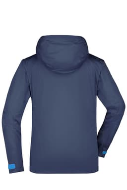 A navy blue ladies outdoor rain jacket with a hood, featuring a logo on the sleeve. The back is visible in the image.