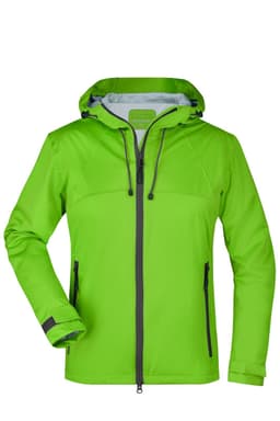 A bright green ladies' outdoor rain jacket with a hood, featuring a zippered front and adjustable cuffs.