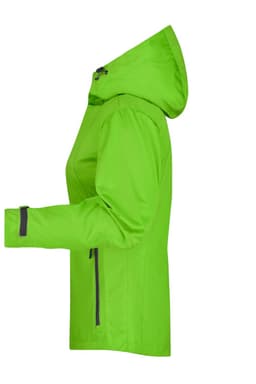 A bright green ladies outdoor jacket with a hood, featuring a zip and adjustable cuffs. It has a logo on it.