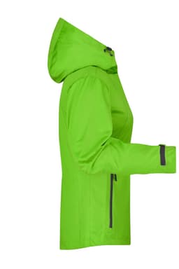 A bright green ladies' outdoor rain jacket featuring a hood and zippered pockets, with a sleek design.