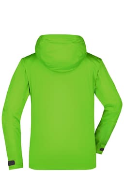 A bright green ladies outdoor jacket with a hood, featuring long sleeves and an adjustable cuff. It has a logo on the back.