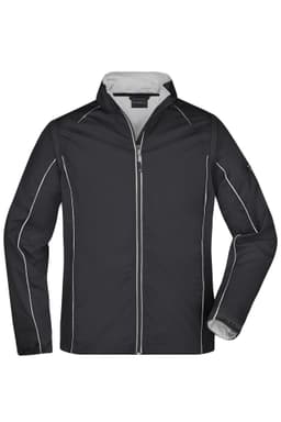 A black softshell jacket with contrast white stitching and a zip front, featuring a collar and long sleeves.
