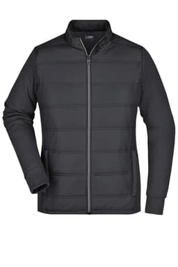 A black hybrid sweat jacket with a zip closure and side pockets, featuring a logo on the front.