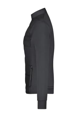 A black hybrid sweat jacket with a zippered pocket, featuring a sleek, fitted design. It has a branding logo.