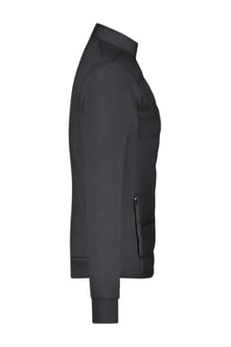 A dark grey ladies hybrid sweat jacket with a zip pocket and a fitted design. It features a logo on the chest.