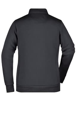 A black women's hybrid sweat jacket featuring a high collar and fitted design, with a logo on the back.